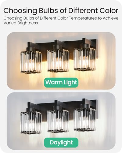 GOEBLESON 3-Light Crystal Bathroom Vanity Lights, Modern Black Bathroom Light Fixtures with Strip-Patterned Crystal Lampshade E26 Base, Upward or Downward Mounting, ETL Listed Wall Lights B06BD05