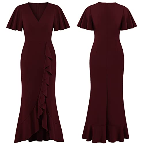 CARROTMOB Women's Formal Dresses V Neck Short Sleeve Ruffle Long Dresses for Women Wedding Guest Burgundy X Large