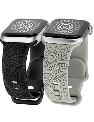 TOYOUTHS 2 Packs Boho Engraved Bands Compatible with Apple Watch Bands 45mm 44mm 42mm 49mm Women Men Girl, Bohemian Designer Sport Silicone Dressy Straps for iWatch Series 9/Ultra/SE/8/7/6/5/4/3/2/1