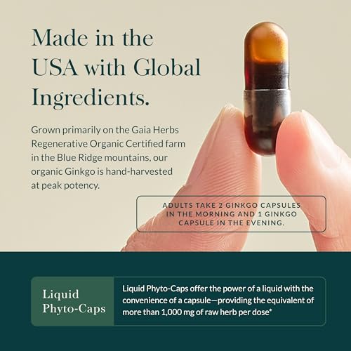 Gaia Herbs Ginkgo Leaf - Traditionally Used to Support Healthy Circulation and Brain Function - Organic, Herbal Supplement - 60 Vegan Liquid Phyto-Capsules (20-Day Supply)