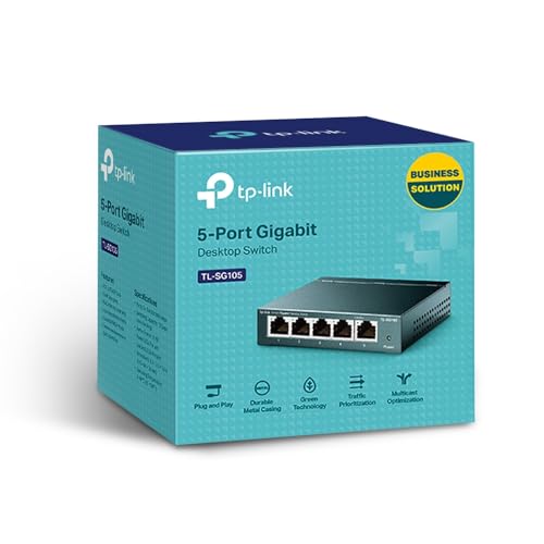 TP-Link TL-SG105, 5 Port Gigabit Unmanaged Ethernet Switch, Network Hub, Ethernet Splitter, Plug & Play, Fanless Metal Design, Shielded Ports, Traffic Optimization