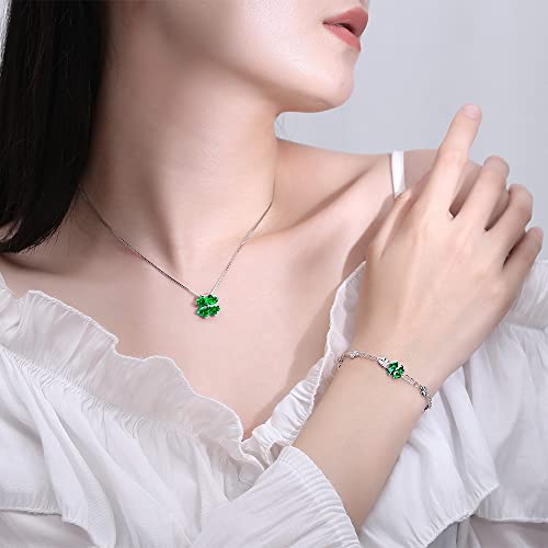JIANGXIN 925 Sterling Silver Created Emerald Chain Link Bracelet for Women Lucky Four leaf clover Gemstone Fine Jewelry Good Luck Shamrock Birthday Gift