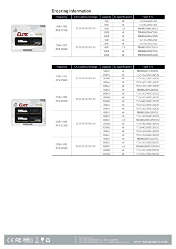 TEAMGROUP Elite DDR4 8GB Single 2666MHz PC4-21300 CL19 Unbuffered Non-ECC 1.2V UDIMM 288 Pin PC Computer Desktop Memory Module Ram - TED48G2666C1901