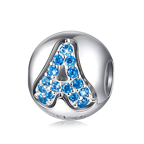FOREVER QUEEN Alphabet Charm Initial Charm Letter N Charm Bead in 925 Sterling Silver with 5A Blue CZ fit Charms Bracelet Necklace for Birthday Fashion Women Boy Men Gifts