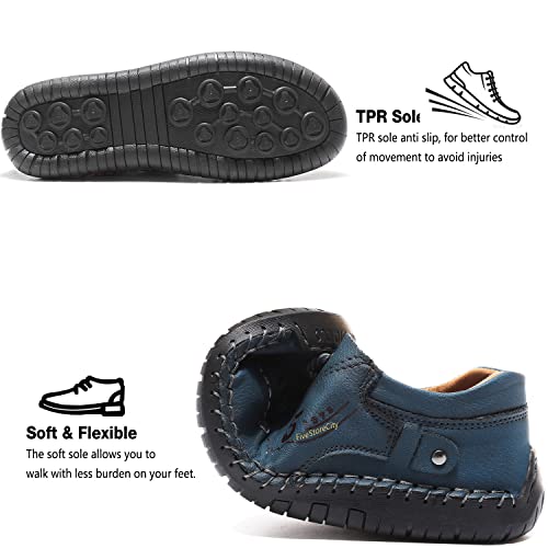 FiveStoresCity Mens Casual Shoes Summer Breathable Sneakers Loafers Walking Shoes Handmade Lace-Up Leather Dress Flats Shoes for Driving Business Working Office Blue Size 7.5