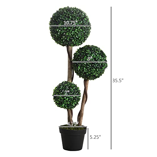 HOMCOM Artificial Plant for Home Decor Indoor & Outdoor Fake Plants Artificial Tree in Pot, 3 Ball Boxwood Topiary Tree for Home Office, Living Room Decor, Dark Green