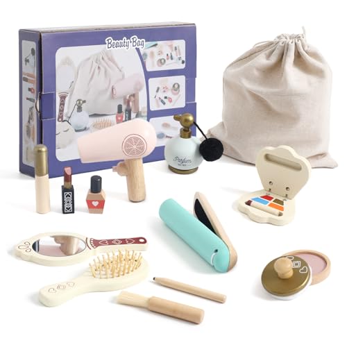 Fake Makeup Wooden Makeup Toy Set Wooden Toddler Makeup Kit Pretend Makeup Kit for Girls Kids Makeup for 3-9 Age 12 PCS Girl Birthday Gift (Makeup Set-1)