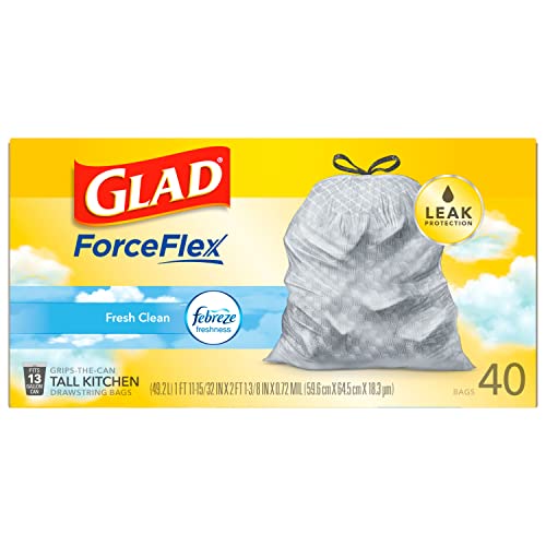 Glad Trash Bags, ForceFlex Tall Kitchen Drawstring Garbage Bags, Fresh Clean, 13 Gal, 40 Ct (Package May Vary)