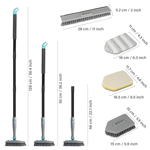 Scrub Brush with Long Handle, 5 in 1 Hard Bristle Shower Scrubber with Crevice Cleaning Brush and Squeegee, 50 inch Heavy Duty Stiff Brushes for Clean Bathroom Ceramic Tile Floor Toilet Tub Kitchen