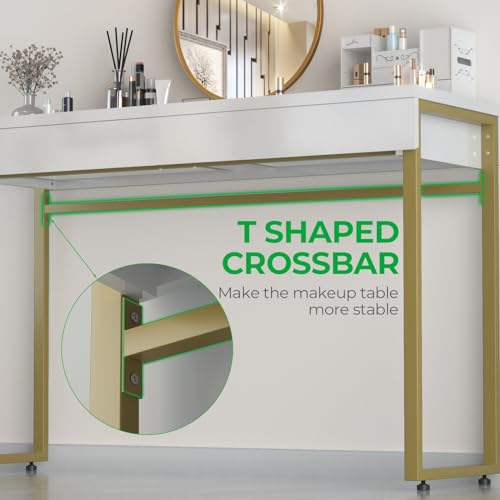 GreenForest Vanity Desk with 2 Drawers,39 inch White Desk with Glossy Desktop Easy Clean,Makeup Dressing Table with Metal Gold Legs for Home Office Small Spaces,Bedroom