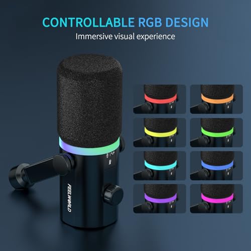FEELWORLD PM1 XLR USB Dynamic Microphone for Podcast Recording PC Computer Gaming Live Streaming Vocal Voice-Over, Studio Metal Mic with Voice-Isolating, RGB Light, Mute Button, Headphones Jack