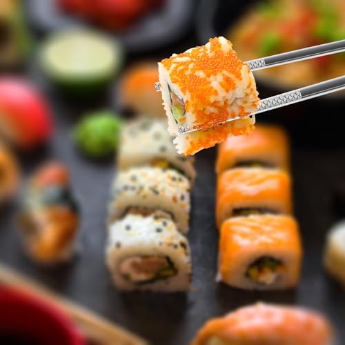 JOMUCO 5 Pairs Reusable Stainless Steel Chopsticks - Laser Engraved Floral Pattern - Dishwasher Safe - Easy to Use and Clean - Gift Set