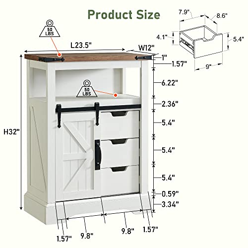 OKD Bathroom Floor Cabinet, Farmhouse Storage Cabinet with Sliding Barn Door & Storage Drawers, Small Storage Cabinet for Bathroom, Kitchen, Living Room, Antique Brush White