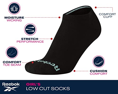 Reebok Girls' Low Cut Performance Socks - 12 Pack Cushion Comfort No Show - Breathable Active for Girls (4-10), Size Medium, All Black