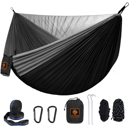 Camping Hammock, Portable Hammocks with Mosquito Net,Lightweight Nylon Parachute Hammock with 10ft Tree Straps,Camping Gear Must Haves for Travel Hiking Backpacking Beach Patio-Black&Grey