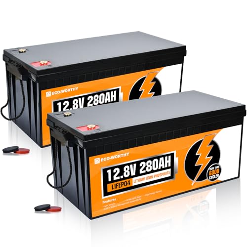 ECO-WORTHY 12V 280Ah 2 Pack LiFePO4 Lithium Battery, 6000+ Deep Cycles Lithium Iron Phosphate, 7168Wh Energy, Support in Series/Parallel, for RV, Off-Grid, Solar Power System, Home Backup, UPS, Marine