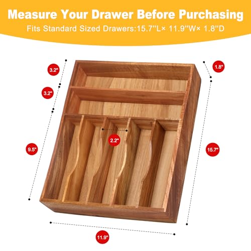 oridom Expandable Acacia Kitchen Drawer Organizer for Cutlery and Utensils, Adjustable Acacia Wood Cutlery Tray in Drawer for Flatware and Silverware in Kitchen, (Acacia)