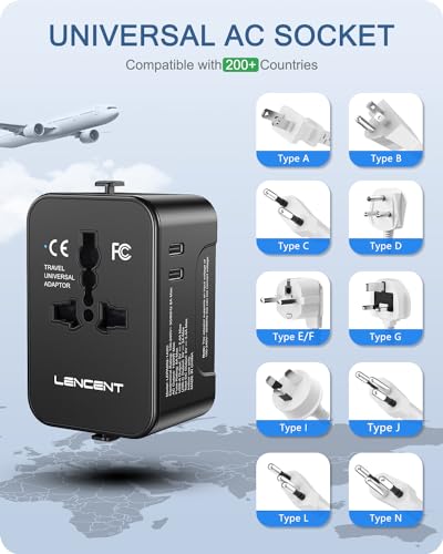 LENCENT International Travel Adapter, Universal Travel Adapter with 1 USB-A + 2 Type C, All in One Power Adapter for Phone,Laptops, Worldwide Plug Adapter for USA UK EU AUS, Black