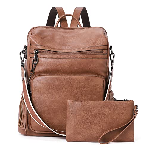 CLUCI Backpack Purse for Women Large Womens Backpack Leather Travel Backpack Fashion Backpack Purse Designer Ladies Shoulder Bags with Tassel Two-toned Brown