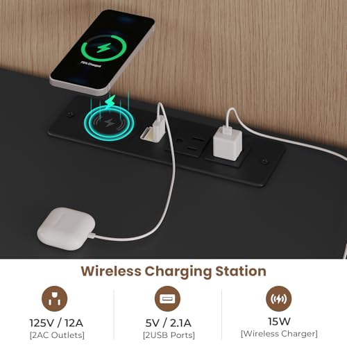 ADORNEVE LED Nightstand Black Nightstand with Wireless Charging Station 2 Drawers, Modern Bedroom End Side Table with LED Lights, Wooden Sofa Bedside Table with Pull-Out Shelf