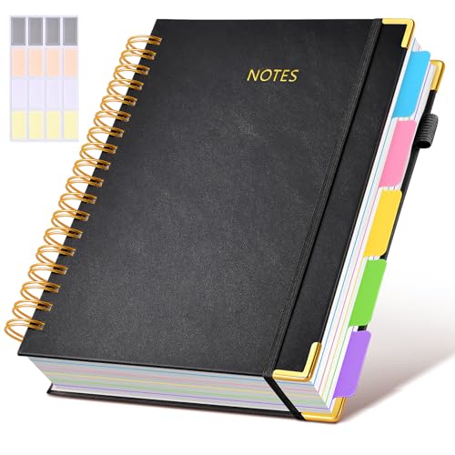 Hardcover Spiral Notebook journal with Removable Dividers Tabs, 300 Pages Leather 5 Subject Notebook College Ruled, 8"x10" Large B5 Notebooks for Work School Note taking, Lined Journal for Women,Black