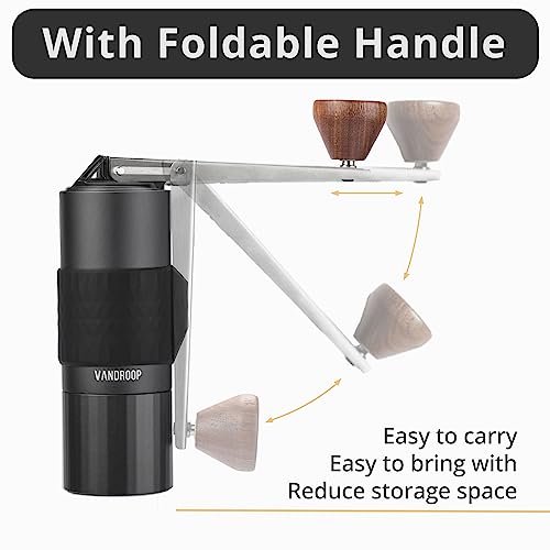 Vandroop Manual Coffee Grinder with Folding Handle, Adjustable Hand Coffee Grinder with Stainless Steel Conical Burr, Portable Burr Coffee Grinder for Travel, Camping, Kitchen