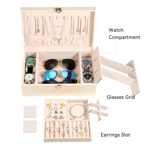 LANDICI Jewelry Box Organizer for Men Women, 2 Layer 4 Slot Watch Storage Case with Removable Tray, PU Leather Large Jewellery Holder Display for Watches Sunglasses Rings Earrings Necklace, Apricot