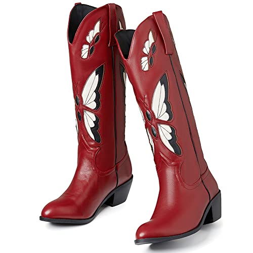 CYNLLIO Womens Cowgirl Boots Vintage Fashion Butterfly Embroidery Western Cowboy Boots Chunky Cork Heel Wide Mid Calf Boots Pull on Cosplay Shoes