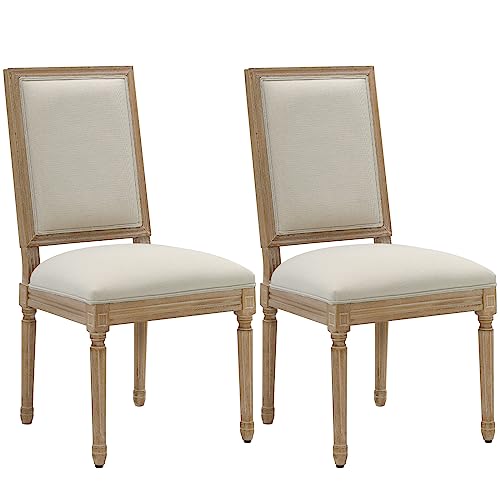 Farmhouse Dining Chairs Set of 2 French Country Kitchen Chairs with Rectangular Back and Solid Wood Legs, Upholstered Rectangular Side Chairs for Dining Room Living Room Kitche (Beige)