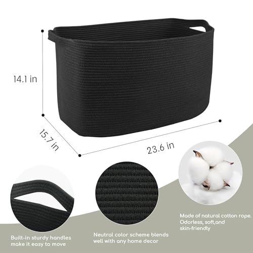 MEGASKET Extra Large Rectangle Storage Basket, 23.6" x 17" x 12" Black Blanket Basket Storage for Living Room, Large Soft Woven Cotton Rope Basket, Kids Toy Baskets Organizer Bins, Wicker Basket