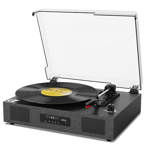 Record Player Bluetooth 3-Speed Vinyl Record Player with Stereo Speakers, USB Recording, RCA Line-Out, AUX-in, Retro Phonograph Turntable for Vinyl Records, Black