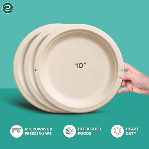 ECO SOUL 100% Compostable 10 Inch Paper Plates [100-Pack] Disposable Party Plates I Heavy Duty Eco-Friendly Sturdy Dinner, Wedding, Event Plates I Biodegradable Unbleached Sugarcane Eco Plates