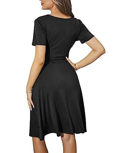 Women's Elegant Criss-Cross V Neck Vintage Short Sleeve Work Casual Party Swing Tea Dress with Pockets 980 (M, Navy Blue)
