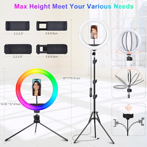 STALLY 10.2" Ring Light with Stand, 75" Tall Ring Light with Phone Holder and Wireless Remote, 12 Dimming Levels, 32 Color Modes LED Ring Light Tripod for iPhone, Live Stream, Makeup, YouTube, TikTok