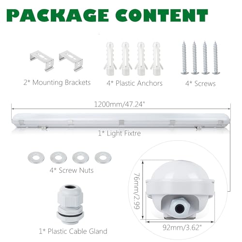 BRILLIHOOD 4FT LED Vapor Proof Light Fixture, 40W, 5200LM, 6000K Bright White, IP65 Waterproof Shop Light, 110-277V, Indoor Outdoor Vapor Tight Lighting for Garage, Car Wash, Warehouse, 1-Pack