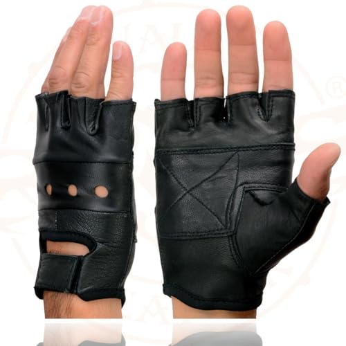 Milwaukee Leather SH216 Men's Black Leather Gel Padded Palm Fingerless Motorcycle Hand Gloves W/Breathable ‘Open Knuckle’ - X-Small