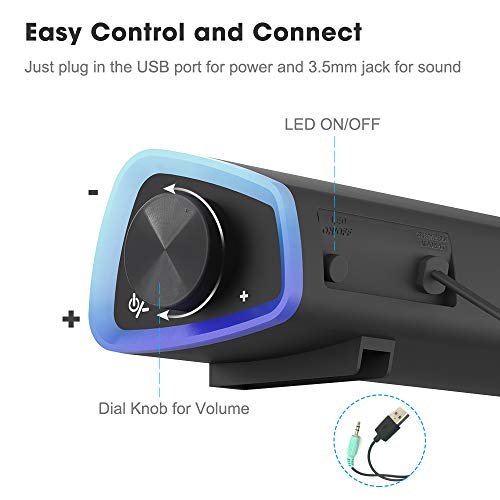 SOULION R30 Computer Speakers, USB Powered 3.5mm AUX Small PC Speakers, Colorful LED Lights with Switch Button, Surround Sound Portable Computer Sound Bar Speaker for Desktop Laptop Gray