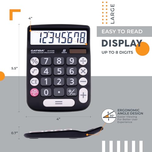 CATIGA Desktop Calculator 8 Digit with Solar Power and Easy to Read LCD Display, Big Buttons, for Home, Office, School, Class and Business, 4 Function Small Basic Calculators for Desk, CD-8185 Black