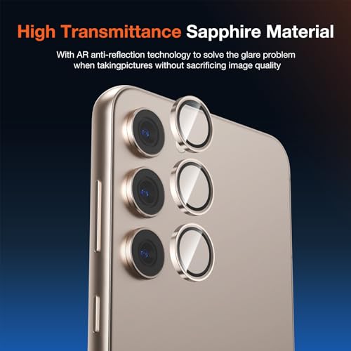 KUZOOM 2Pack 9H Auto Alignment HD Camera Lens Protector for Samsung Galaxy S24,Metal Individual Ring Back Screen Camera Cover Film Decoration Accessories,Case Friendly Scratch Resistant (Gold)