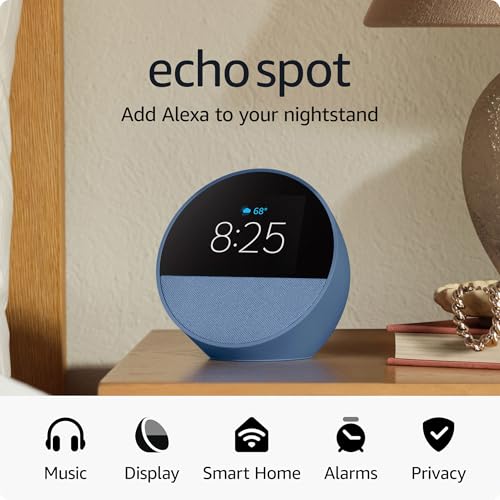 Amazon Echo Spot (2024 release), Smart alarm clock with vibrant sound + Alexa, Ocean Blue