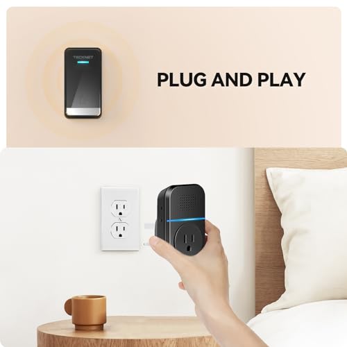 TECKNET Wireless Doorbell, Self-Powered Doorbell, 0-110db Plug-through Wireless Doorbell Ringer for Homes Classroom, IP66 Waterproof 1300ft Door Chime with Extra Socket, 60 Chimes, LED Light
