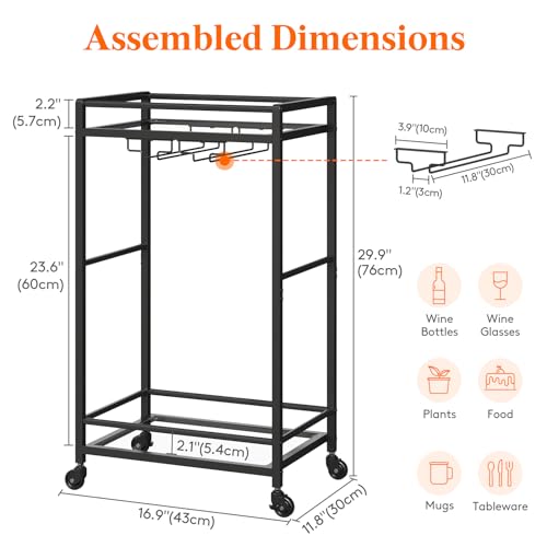 Lifewit Bar Cart Gold, Home Serving Bar Cart with Lockable Wheels, Wine Rolling Cart with 2 Tier Glass Shelves, Liquor Cart with Glass Holder, Beverage Cart for Kitchen Dining Living Room, Black