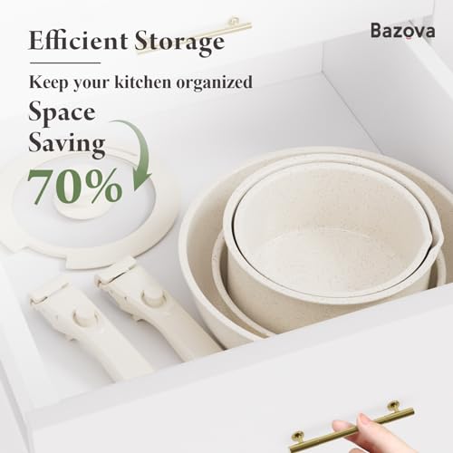 Bazova Ceramic Nonstick Cookware Set, Healthy,Non Toxic,17-Pieces Pots and Pans Set Removable Handles,Induction RV Kitchen Set,Stain & Scratch-resistant,Dishwasher/Oven Safe,PFAS/PFOA Free,Cream White