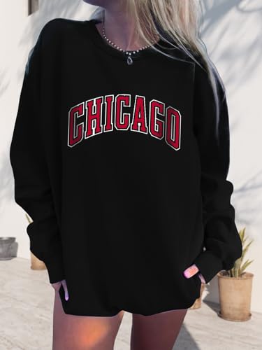 DOOLECK Women's Letter Graphic Print Sweatshirt Cute Chicago Oversized Pullover Crewneck Long Sleeve Tops for Teen Girl