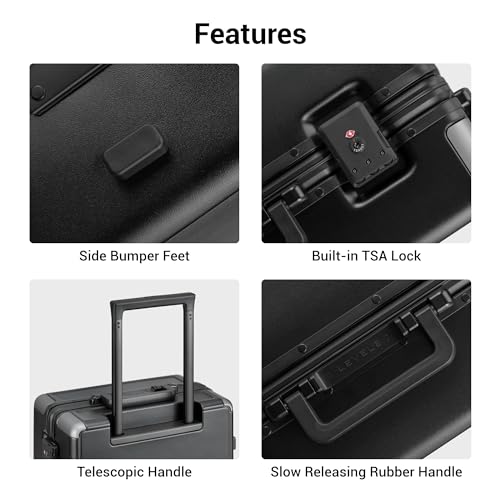 LEVEL8 Zipperless Carry On Suitcase Airline Approved with Aluminum Frame, Lightweight Hard Shell Luggage with Spinner Wheels, Metal Travel Luggage with Double Tsa Locks, 20 Inch, Black