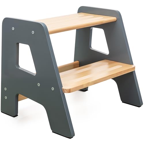 Wooden Step Stools for Kids - Sturdy, Non-Slip, Non-Tip Toddler Step Stool for Bathroom Sink for Your Little Girl or Boy - Gray