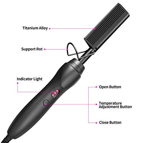 Hot Comb Hair Straightener Pressing Combs - Ceramic Electric Straightening Comb, Curling Iron for Natural Black Beard Wigs Holiday Gift - Black 5 In1
