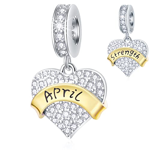 April Birthstone is Strength Heart Charms, fits Pandora First Mothers Day Necklace Bracelet, 925 Sterling Silver Clear CZ Pendant Beads, Gift for Easter/Friend/Mom/Birthday