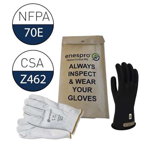 Enespro Class 00 Black Rubber Voltage Insulating Glove Kit with Leather Protectors, Max. Use Voltage 500V AC/ 750V DC (KITGC00B08)