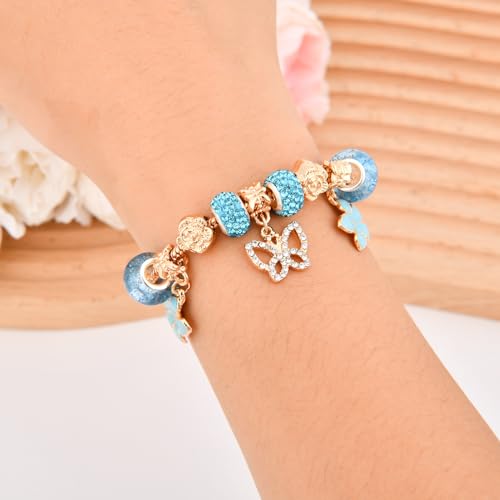 Charm Bracelet for women Christmas Gifts, with Crystal and Heart Shape Glass Beads Sliver CZ Cross Snake Chain Bracelet, Trendy Charm Bracelet Jewelry Gifts for Women(blue)